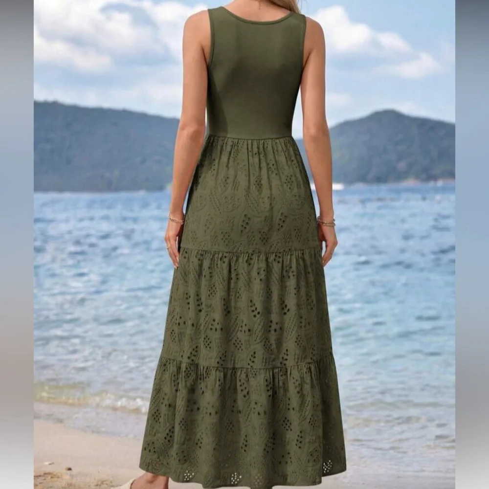 Army Green Tiered Eyelet Maxi Dress - Women